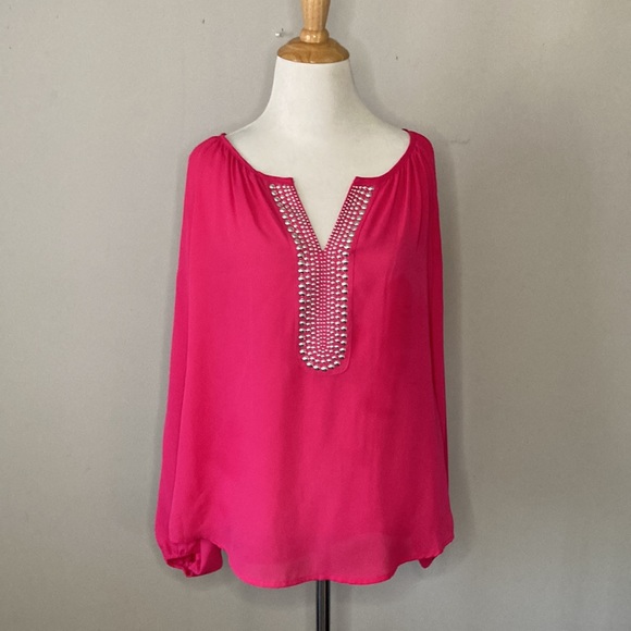 Hot Pink Alfani Top Blouse with Siver Studs Balloon Sleeves Sz 8 - Picture 2 of 6